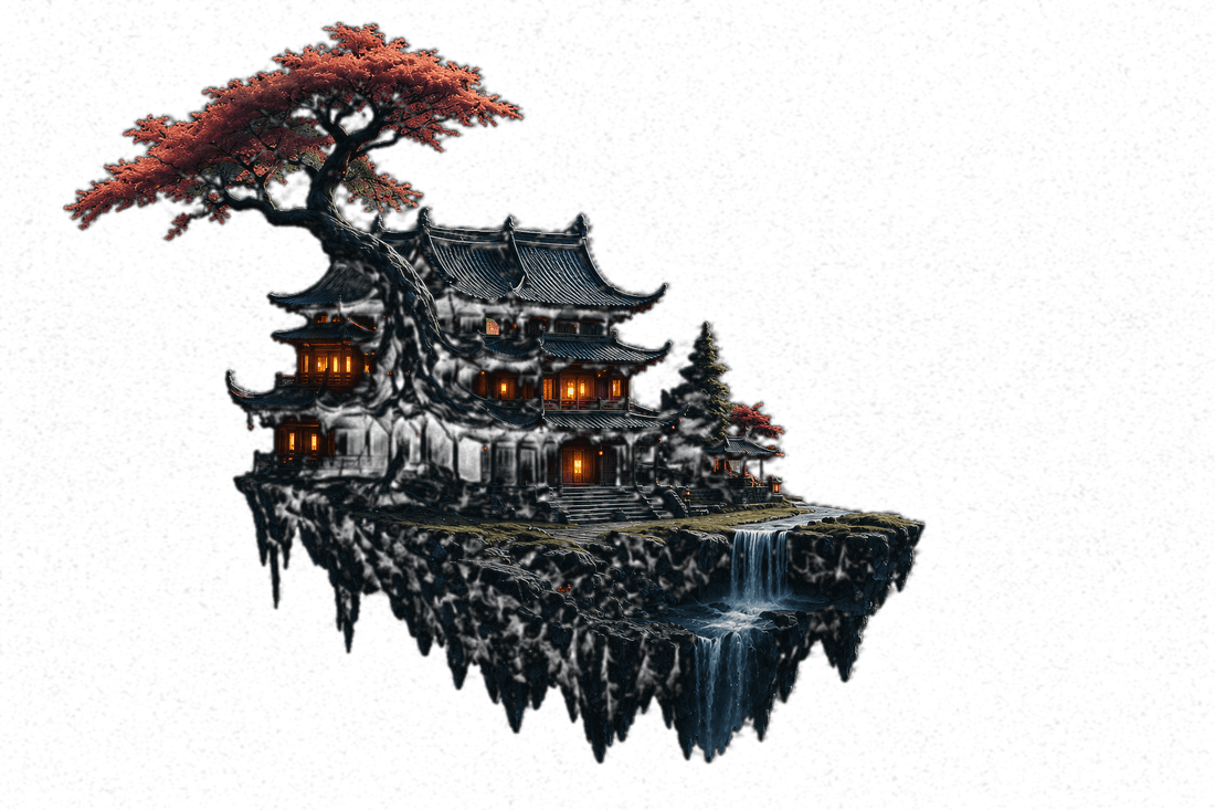 Floating island with a lit pagoda and a blossom tree